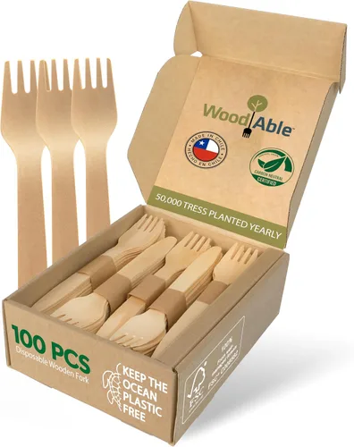 Juego de cubiertos de madera desechables – 100% compostable para el hogar – 100 tenedores de 6.5 pulgadas, utensilios de bambú alternativos,