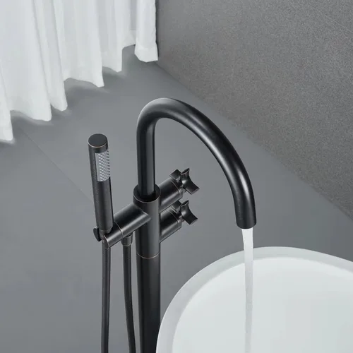 Miniatura 5 de Grifo de bañera independiente Llenador de bañera de bronce frotado con aceite Grifos de bañera de latón con ducha de mano