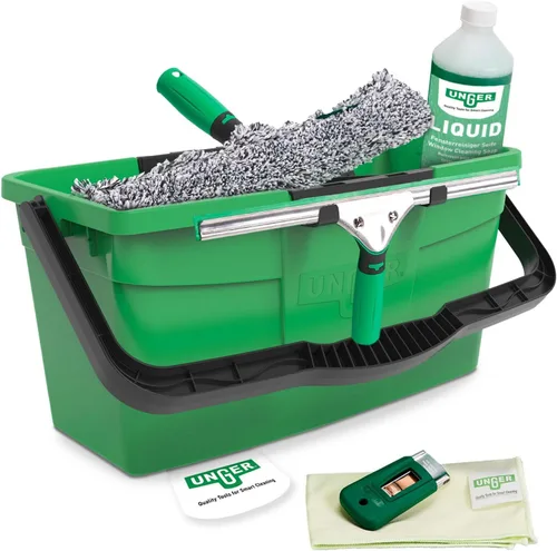 Unger AK015 Kit de limpieza de ventanas PRO Set – Funda para lavadora eléctrica, escobilla ErgoTec, cubo 18L, limpiador líquido de vidrio 1L,
