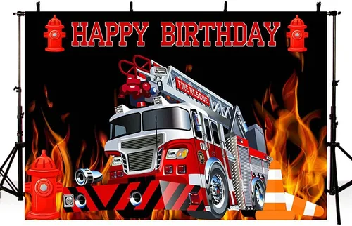 MEHOFOND Telón de fondo de cumpleaños para camión de bomberos de 7 x 5 pies, decoración de fiesta de cumpleaños, accesorios para cabina de fotos,