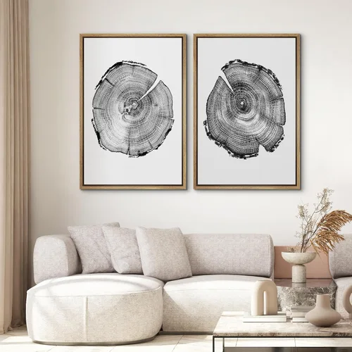 Miniatura 2 de SIGNWIN Lienzo enmarcado para pared, juego de arte con anillos de árbol de bosque grunge en blanco y negro, ilustraciones de naturaleza silvestre