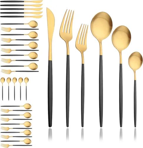 Miniatura 16 de JASHII Juego de cubiertos mate de 36 piezas con mango plano acabado satinado negro acero inoxidable cubiertos servicio para 6 para cocina casera