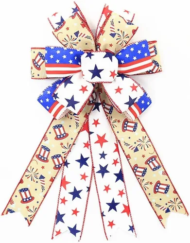 Miniatura 10 de Arcos patrióticos grandes para corona, lazos del 4 de julio, lazos de corona para el Día de los Caídos, bandera de Estados Unidos, arpillera, rojo