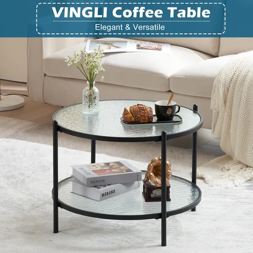 Miniatura 3 de VINGLI 65 cm Mesa pequeña redonda de centro de vidrio de onda de agua en negro mate, mesa central con diseño de almacenamiento moderno de 2 niveles