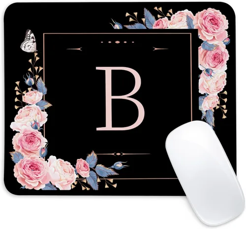 Miniatura 9 de Alfombrilla de ratón cuadrada con letra K y flores negras y rosas, alfombrilla de ratón con borde cosido y base de goma antideslizante, tapete