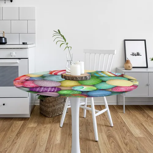 Miniatura 7 de Mantel redondo con diseño de huevos coloridos de Pascua, con borde elástico, impermeable, lavable, para cocina, fiestas, bodas, interiores