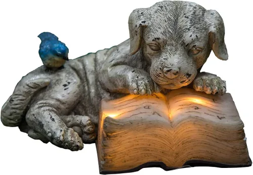 Miniatura 5 de Topadorn Estatua de jardín solar para cachorros con libro LED brillante, perro de resina pintado a mano con pájaro azul, decoración de patio al aire