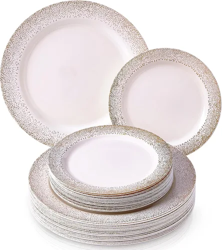 Miniatura 7 de Elegante juego de vajilla desechable de 240 piezas, 120 platos llanos, 120 platos laterales, aspecto de porcelana, para bodas y cenas de lujo