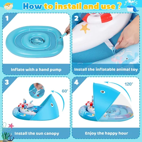 Miniatura 8 de Flotador de piscina para bebé con toldo, flotador de natación para bebé con toldo de protección solar UPF50+ y consola de juegos de juguete