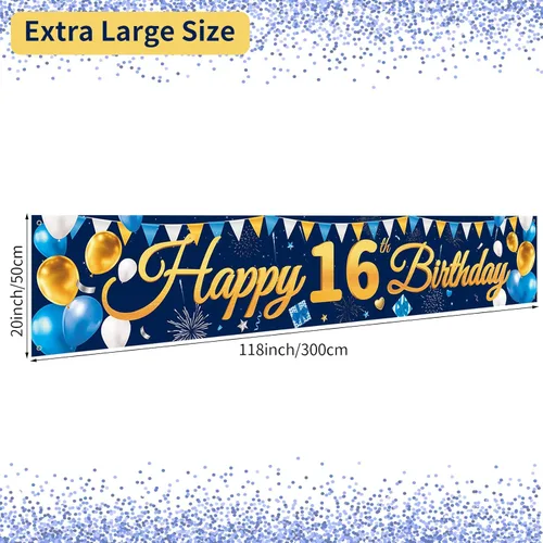Miniatura 3 de Cartel grande de feliz cumpleaños número 16, cartel de cumpleaños azul dorado 16, suministros de decoración de fiesta de 16 años para niños y niños