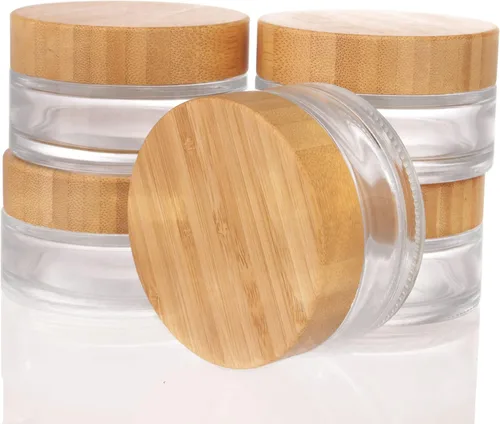 Miniatura 10 de COSIDEA 5 tarros vacíos de vidrio transparente redondos de 1 onza/1.06 oz con tapas de bambú, tarro de crema de bambú, recipientes de viaje
