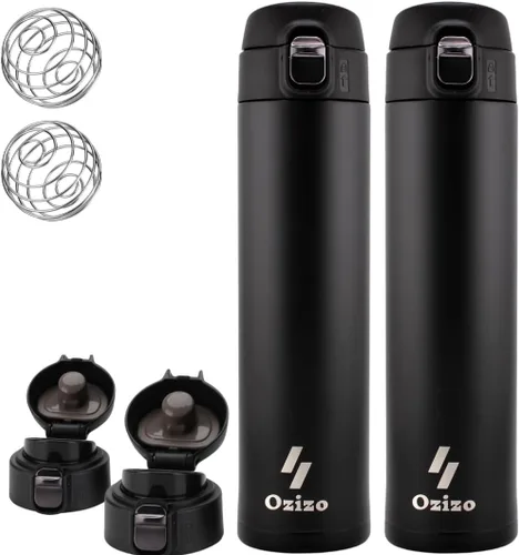 Miniatura 9 de Ozizo Taza de viaje aislada de acero inoxidable de 18 onzas con bola mezcladora, tapa de botón y boquilla de vertido, a prueba de derrames y fugas