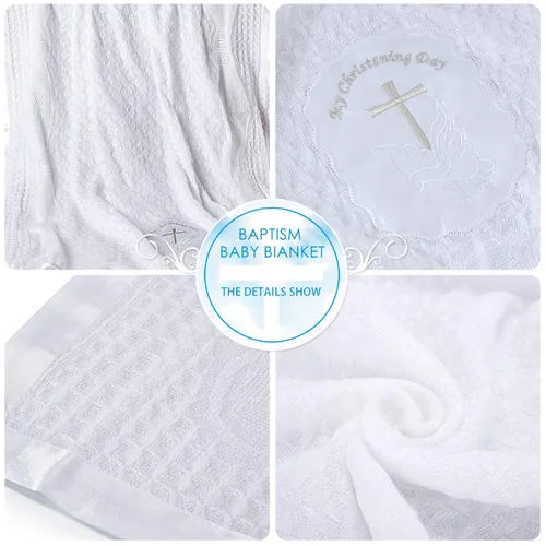 Miniatura 2 de Booulfi Mantas de bebé bordadas con cruz neutra para niños y niñas, manta blanca para bautizo, bautizo, borde satinado, cubierta de chal
