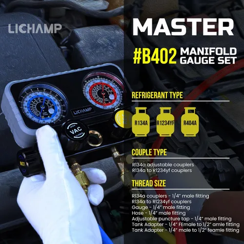 Miniatura 2 de Lichamp Manómetro rojo y azul de 4 vías, para R1234YF R134A