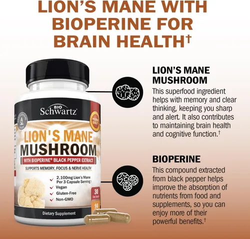 Miniatura 4 de BioSchwartz Cápsulas orgánicas de suplemento de melena de león (90 unidades) de 2100 mg de hongos de melena de león con BioPerine para una máxima
