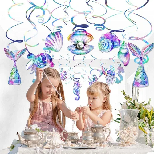 Miniatura 2 de 30 piezas de remolinos colgantes de sirena, decoraciones de fiesta de sirenas, suministros de fiesta de sirenas para niñas, serpentinas de techo