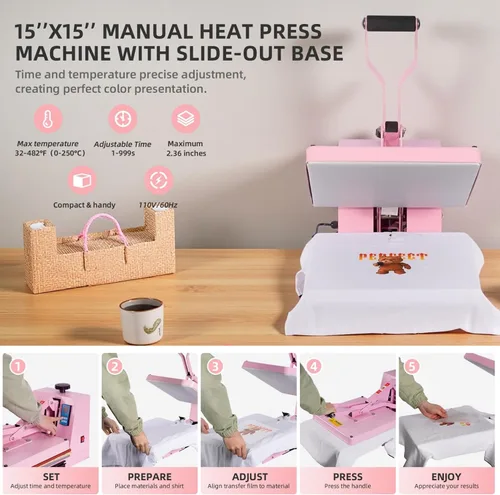 Miniatura 7 de Prensa térmica de 15 x 15 pulgadas, máquina de prensa de calor manual para camisetas, máquina de prensado de camisetas para ropa, bolsas, cortina