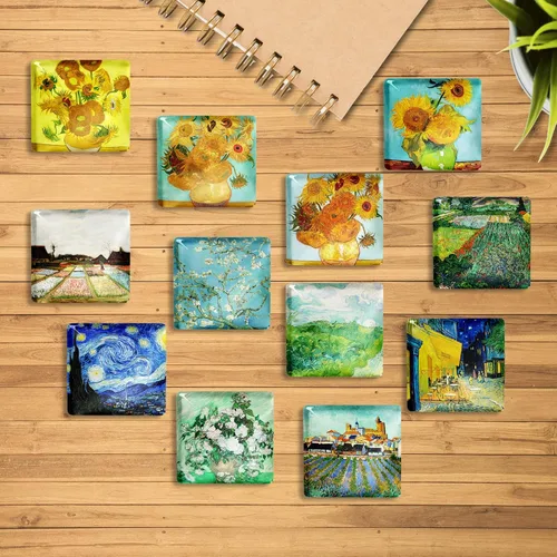 Miniatura 7 de Berkin Arts 12 piezas lindo cuadrado de cristal fuerte imán magnético refrigerador girasol noche estrellada Vincent Van Gogh Series