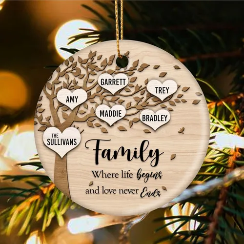 Miniatura 5 de Family Where Life Begins and Never Ends - Adorno de Navidad personalizado de cerámica de 3 pulgadas con caja de regalo (5 nombres)