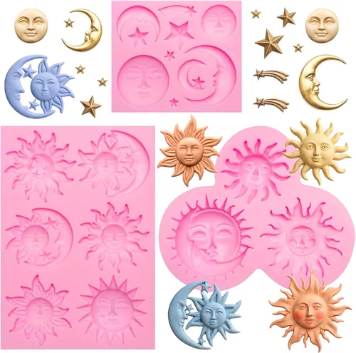 Miniatura 11 de Juego de moldes de silicona, formas de estrella de sol y luna, rosa, moldes para hornear dulces de chocolate, 5 piezas con temática celestial