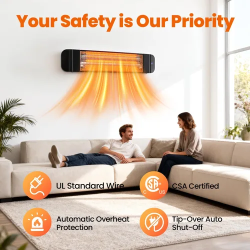 Miniatura 4 de Calentador infrarrojo de patio de 1500 W, 2 niveles (900 W/1500 W), calentador eléctrico para exteriores montado en la pared con control remoto