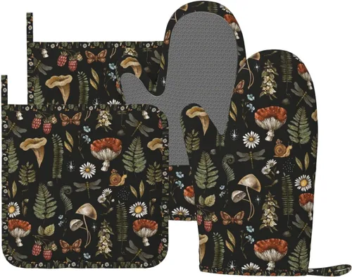 Manoplas de Horno con Diseño de Hongos, Juego de Agarraderas de Silicona Vintage con Hoja Mágica, Guantes de Cocina Agarraderas Resistentes al Calor