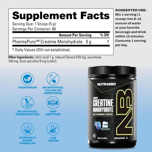 Miniatura 2 de NutraBio Suplemento en polvo de monohidrato de creatina micronizada pura, Blue Razz (10.58 oz) – Apoya la energía muscular a granel, la recuperación