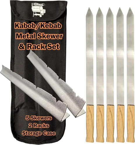 Koobideh - Kit de parrilla de kebab - 5 pinchos planos anchos, 2 estantes y estuche para Picanha, Adana y Churrasco - Juego de barbacoa de acero