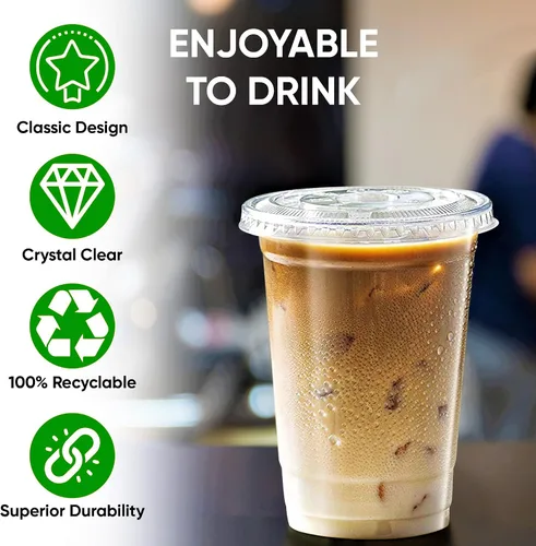 Miniatura 3 de Green Direct Vasos de plástico ultra transparentes con tapas planas para café helado, batido de té Boba (100, 10 onzas)