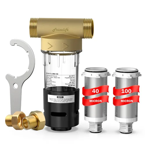 Frizzlife Filtro de sedimentos giratorio de 40 y 100 micrones con raspador integrado, prefiltro reutilizable para toda la casa para agua de