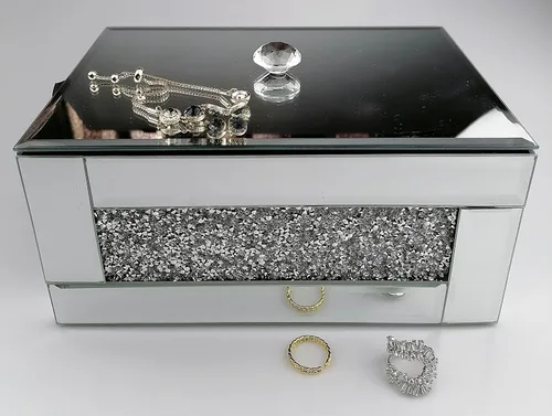 Miniatura 6 de BANQLE Caja de joyería caja de reloj organizador de maquillaje con espejo para tocador caja de tocador de cristal diamante triturado plateado