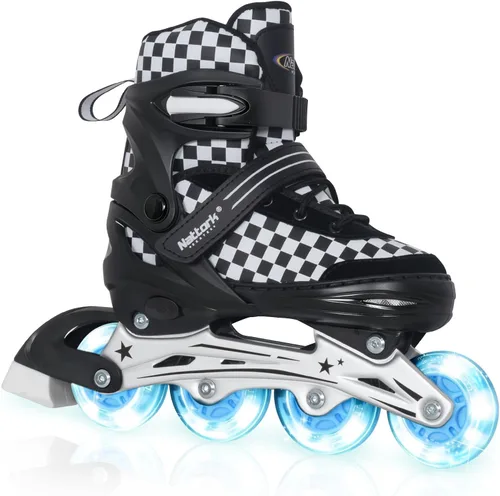 Miniatura 6 de Nattork Patines en línea ajustables para niños y adolescentes, ruedas iluminadoras, patines con diseño de tablero de ajedrez para niños y niñas Azul