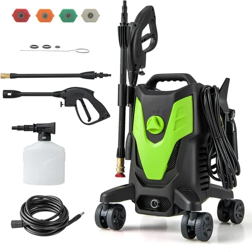 Miniatura 10 de Goplus Lavadora a presión eléctrica, 2400 PSI 1.7 GPM Lavadora de alta presión con 4 boquillas rápidas y ruedas universales, lavadora a presión