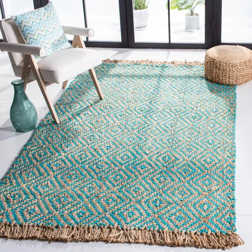 Miniatura 24 de SAFAVIEH Natural Fiber Collection - Alfombra decorativa, 2.3 x 4 pies, azul tropical y natural, yute bohemio con borlas de diamante, hecho a mano