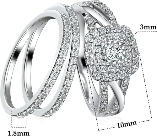 Miniatura 6 de MDFUN Juego de anillos de compromiso cuadrados con halo de boda, anillo de compromiso chapado en oro blanco de 18 quilates, anillo de eternidad
