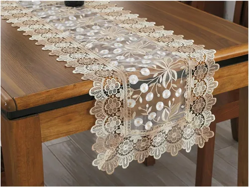 Miniatura 2 de Camino de mesa con bordado floral de encaje, bufanda rectangular transparente de poliéster para decoración de mesa del hogar, comedor, 16 x 35 Beige
