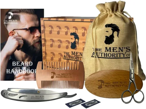 M. A. C.® Kit de barba para hombres, kit de aseo de barba que incluye cepillo de jabalí, peine de tijera para barba y navaja de afeitar y cuchillas
