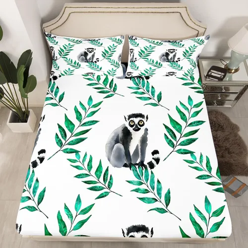 Madagascar - Sábana bajera ajustable tamaño individual, bonito juego de ropa de cama con patrón de lémur, tamaño individual para niños, niñas,