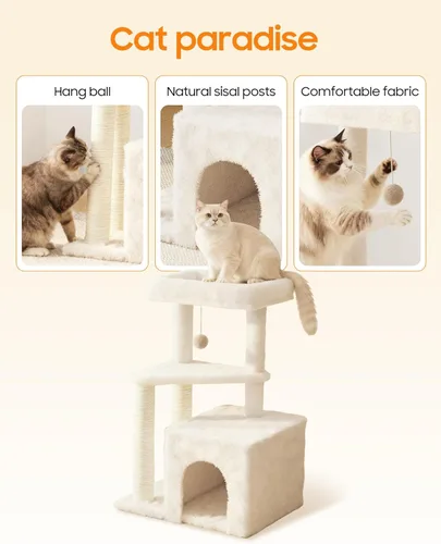 Miniatura 3 de Torre de árbol para gatos de interior, condominio para gatos de varios niveles de 33 pulgadas con postes rascadores, percha grande, juguete colgante