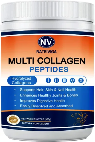 Polvo de péptidos de colágeno múltiple - Tipo I, II, III, V, X - Péptidos de colágeno hidrolizados con vitamina C ácido hialurónico, apoya la piel,