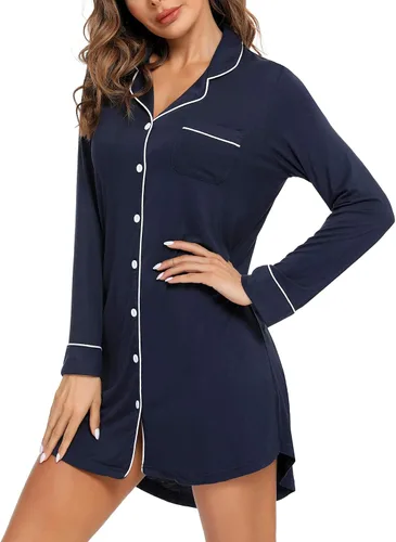Miniatura 12 de Samring Camisón de pijama para mujer, manga corta/larga, con botones, camisón para dormir, camisón para novio, talla XXL
