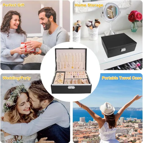Miniatura 4 de MRMOSY Joyero para mujeres y niñas organizador de joyas estuche de almacenamiento de 2 capas de piel sintética con bandeja extraíble y cerradura