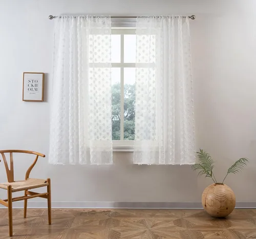 Miniatura 9 de DriftAway Olivia - Cortinas transparentes de gasa gris de vellón bordado para ventana con pompones, 2 paneles con pliegue para barra de 52 pulgadas