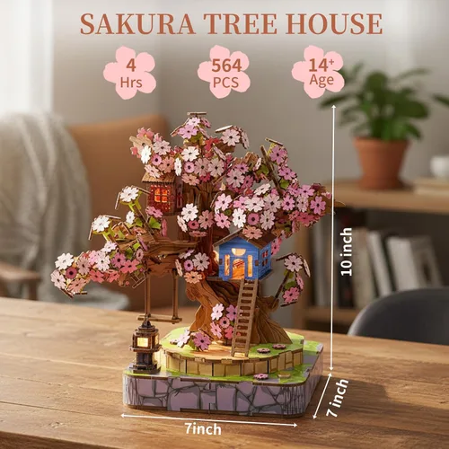 Miniatura 6 de Sakura Tree House Kit de casa en miniatura para adultos, rompecabezas de madera 3D con luz, juego de construcción de flor de cerezo japonés