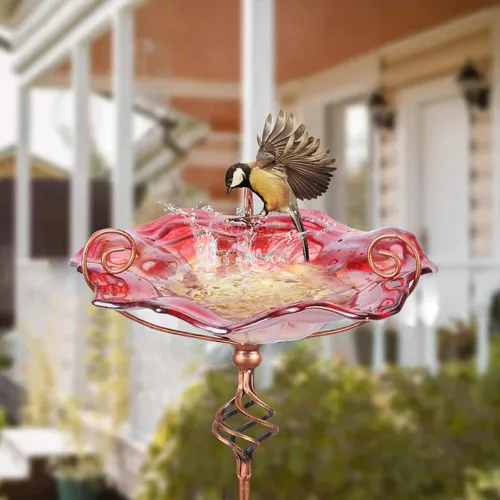 Miniatura 5 de VCUTEKA Baño para pájaros, bañeras de cristal para pájaros para exteriores, comedero de pájaros con estaca de metal, decoración de jardín, rojo