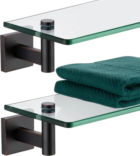 Miniatura 31 de KOKOSIRI Estantes de Pared Hardware de Baño Estante Flotante de Vidrio de 12 Pulgadas para Dormitorio, Sala de Estar, Cocina, Rack Colgante Bronce