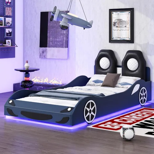Miniatura 20 de Cama de plataforma en forma de auto de carreras de tamaño individual con ruedas y almacenamiento, base de cama de plataforma de madera maciza