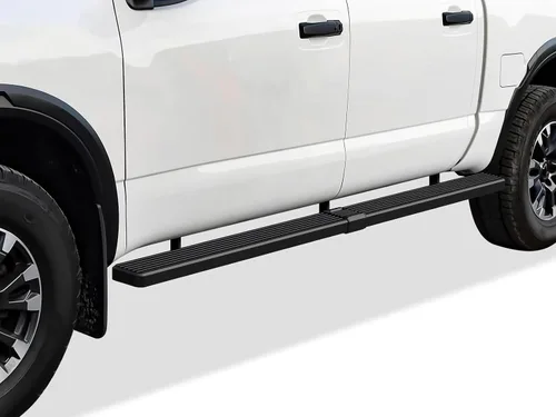 APS Estribos de rueda a rueda con recubrimiento en polvo negro de 5 pulgadas, escalones laterales compatibles con Nissan Titan 2004-2025 Crew Cab