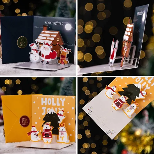 Miniatura 7 de Tarjetas de felicitación de Navidad 3D, 9 unidades, tarjetas emergentes hechas a mano con sobre, juego de 9, para Navidad, Año Nuevo, vacaciones