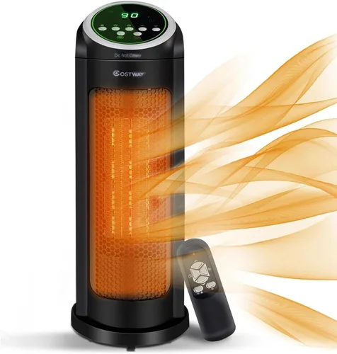 COSTWAY Ventilador de calentador infrarrojo de torre oscilante de 1500 W con control remoto, termostato digital y temporizador de 12 horas,